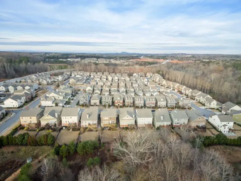 Aerial view of a Gwinnett County subdivision near Duluth, GA