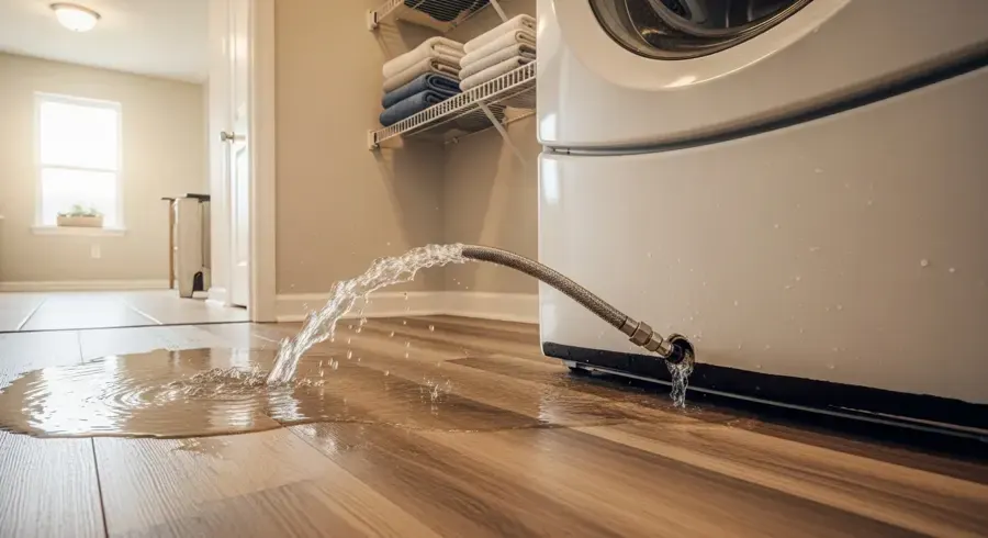 Washer supply hose spraying water across a laundry floor in Duluth