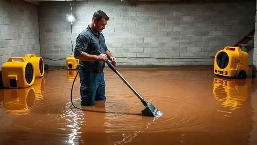Technician extracting muddy water from a flooded basement in Duluth