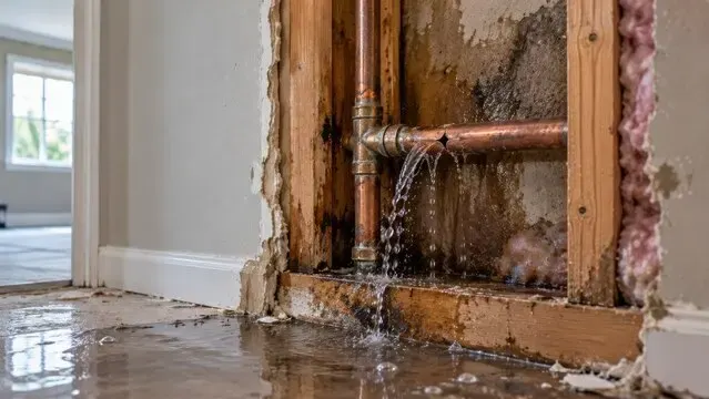 Copper supply pipe spraying water inside an opened wall in a Duluth home