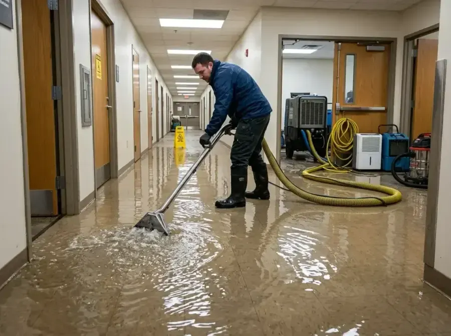 Technician extracting water from a flooded office hallway in Duluth