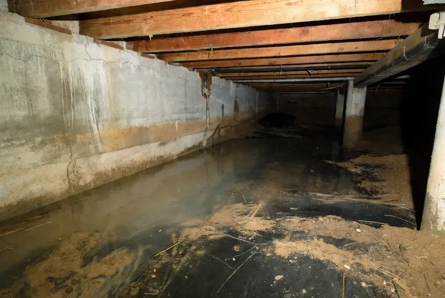 Standing water under the floor joists of a Duluth crawl space