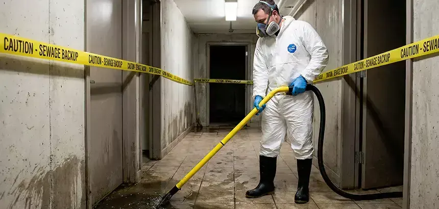 Technician in a protective suit extracting a sewage backup in a Duluth building