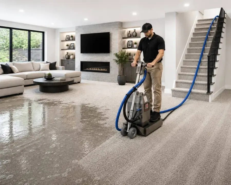 Extraction wand pulling standing water out of wet carpet in a Duluth, GA home